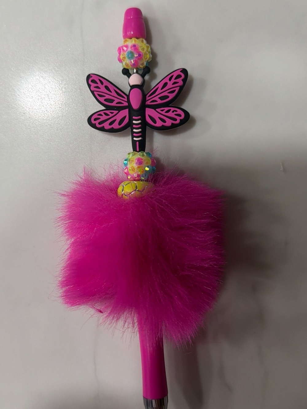 Adorable pink Pom Pom beaded pen with dragonfly.